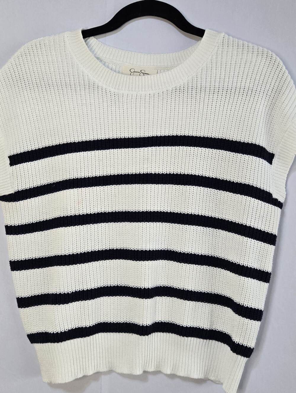 Jessica Simpson Sz M Sleeveless, Crewneck CROP Summer Sweater, White/Navy Stripe